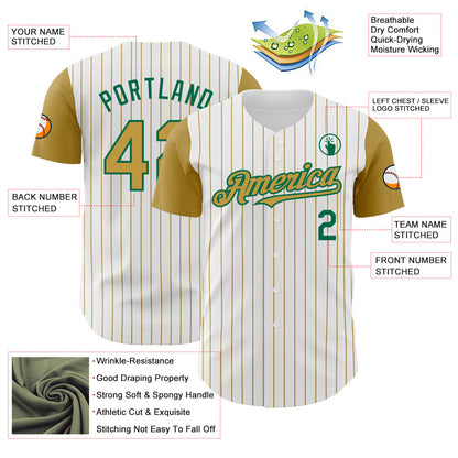 Custom White Old Gold Pinstripe Kelly Green Authentic Two Tone Baseball Jersey - Sky-Custom