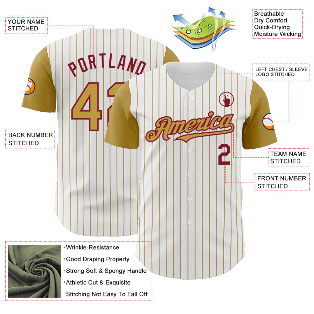 Custom White Old Gold Pinstripe Crimson Authentic Two Tone Baseball Jersey - Sky-Custom