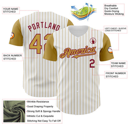 Custom White Old Gold Pinstripe Crimson Authentic Two Tone Baseball Jersey - Sky-Custom