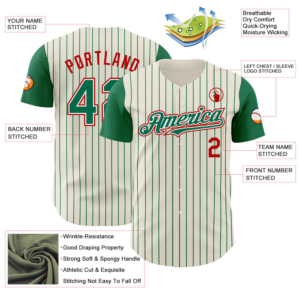 Custom Cream Kelly Green Pinstripe White-Red Authentic Two Tone Baseball Jersey - Sky-Custom