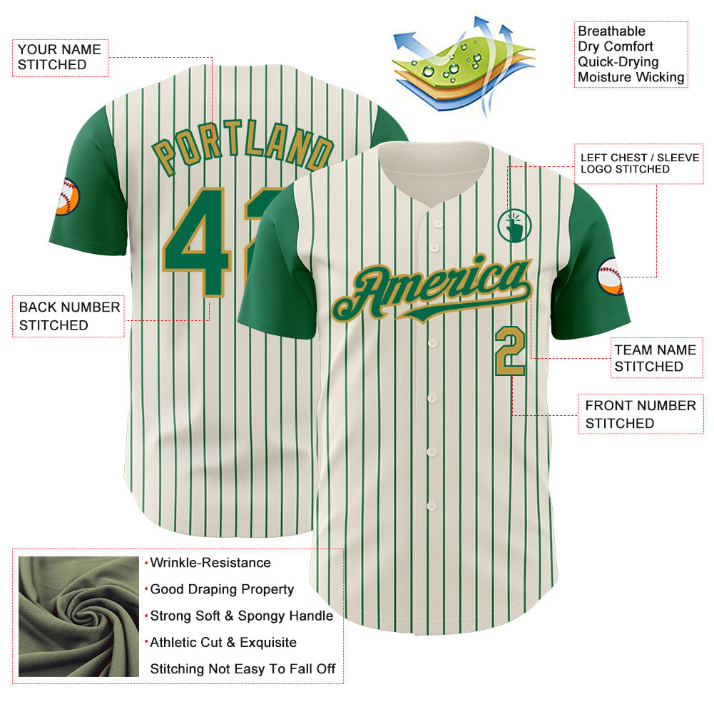 Custom Cream Kelly Green Pinstripe Old Gold Authentic Two Tone Baseball Jersey - Sky-Custom