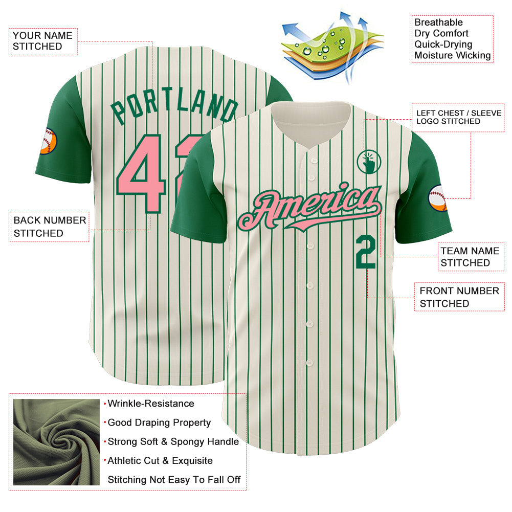 Custom Cream Kelly Green Pinstripe Medium Pink Authentic Two Tone Baseball Jersey - Sky-Custom
