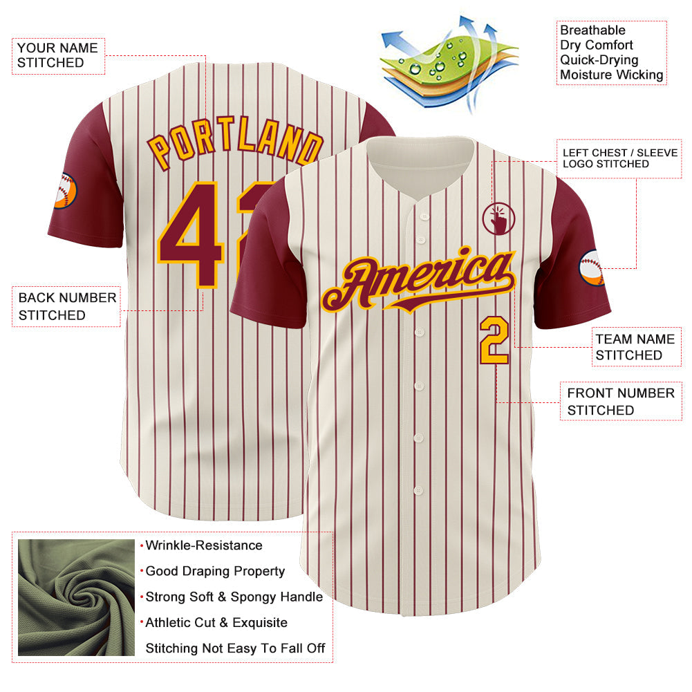 Custom Cream Crimson Pinstripe Gold Authentic Two Tone Baseball Jersey - Sky-Custom