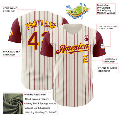 Custom Cream Crimson Pinstripe Gold Authentic Two Tone Baseball Jersey - Sky-Custom