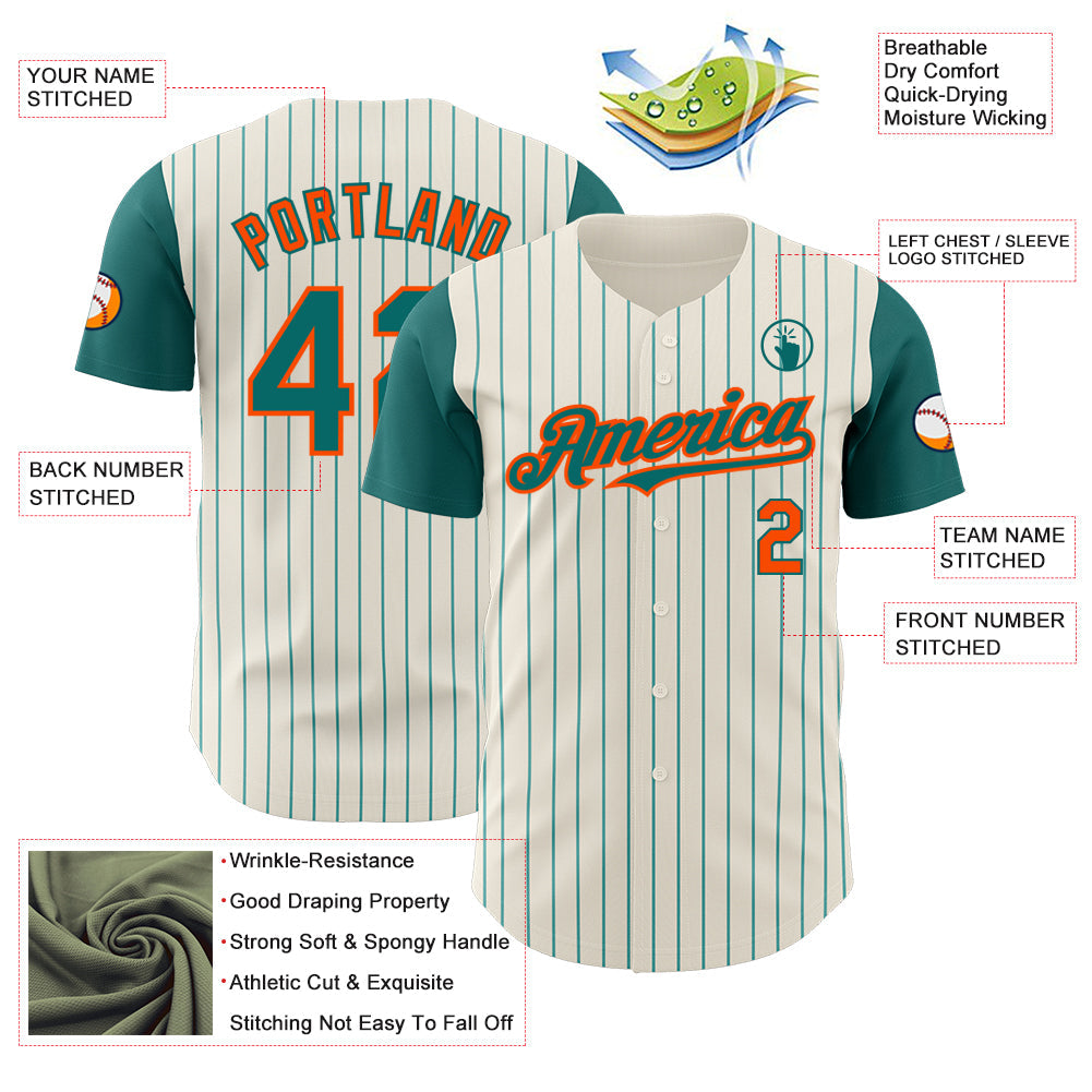 Custom Cream Teal Pinstripe Orange Authentic Two Tone Baseball Jersey - Sky-Custom