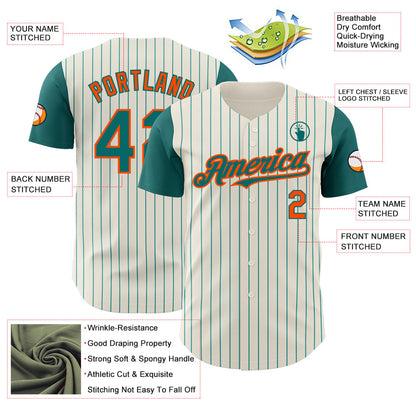 Custom Cream Teal Pinstripe Orange Authentic Two Tone Baseball Jersey - Sky-Custom