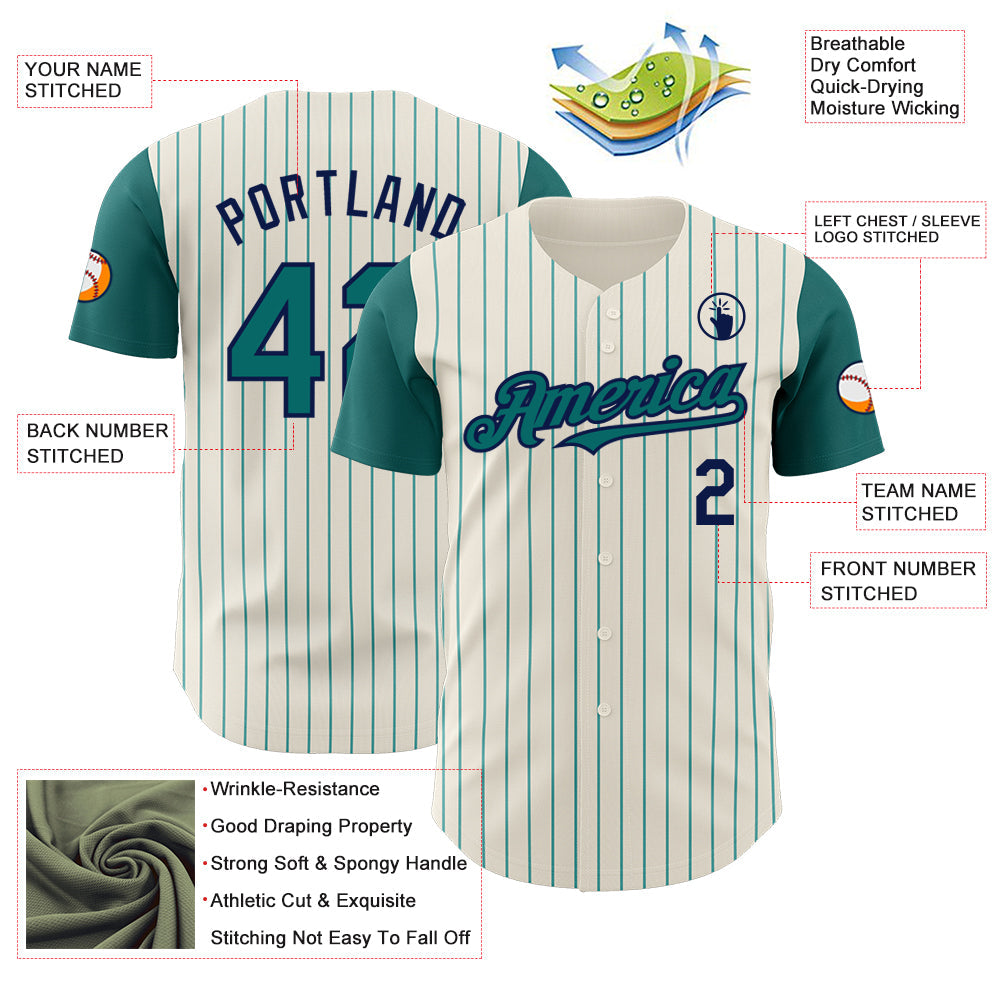 Custom Cream Teal Pinstripe Navy Authentic Two Tone Baseball Jersey - Sky-Custom
