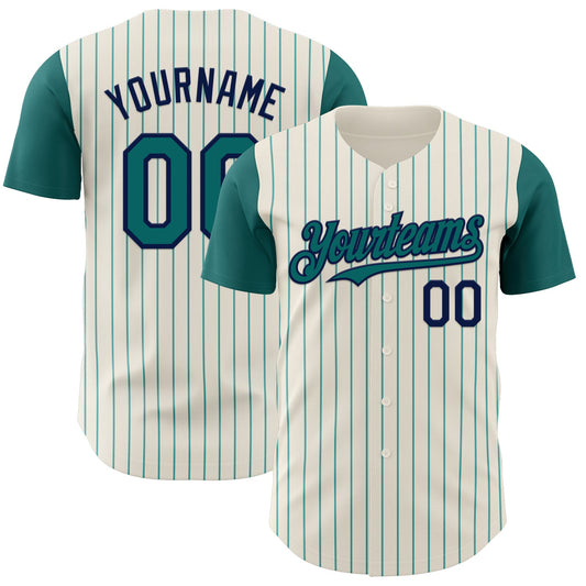 Custom Cream Teal Pinstripe Navy Authentic Two Tone Baseball Jersey - Sky-Custom