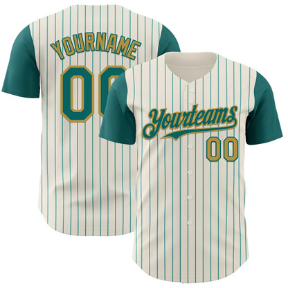 Custom Cream Teal Pinstripe Old Gold Authentic Two Tone Baseball Jersey - Sky-Custom
