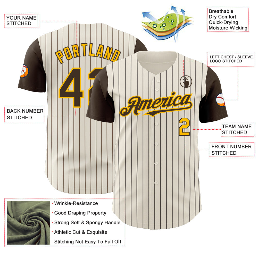 Custom Cream Brown Pinstripe Gold Authentic Two Tone Baseball Jersey - Sky-Custom