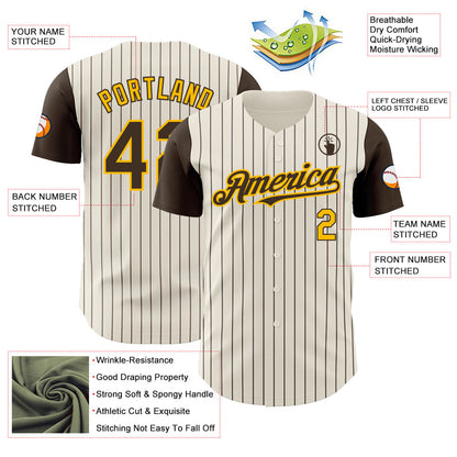 Custom Cream Brown Pinstripe Gold Authentic Two Tone Baseball Jersey - Sky-Custom