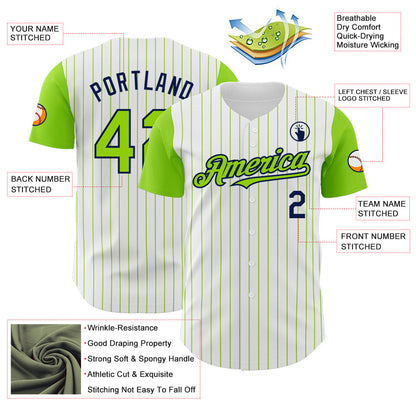 Custom White Neon Green Pinstripe Navy Authentic Two Tone Baseball Jersey - Sky-Custom