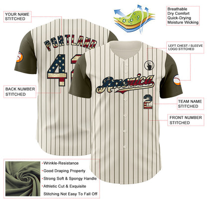 Custom Cream Olive Pinstripe Vintage USA Flag-Black Authentic Two Tone Baseball Jersey - Sky-Custom