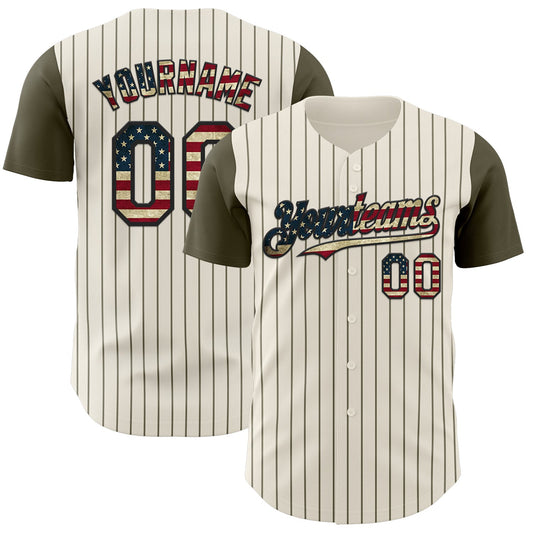 Custom Cream Olive Pinstripe Vintage USA Flag-Black Authentic Two Tone Baseball Jersey - Sky-Custom