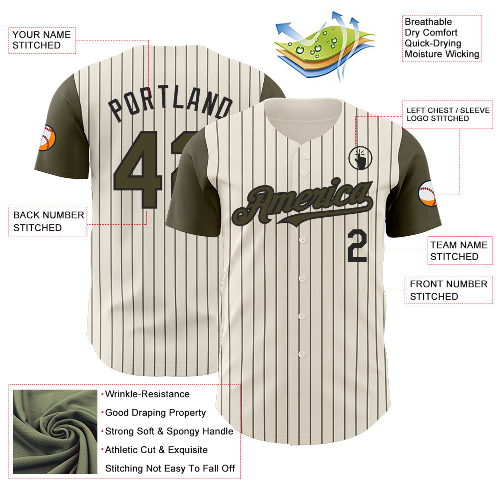 Custom Cream Olive Pinstripe Black Authentic Two Tone Baseball Jersey - Sky-Custom