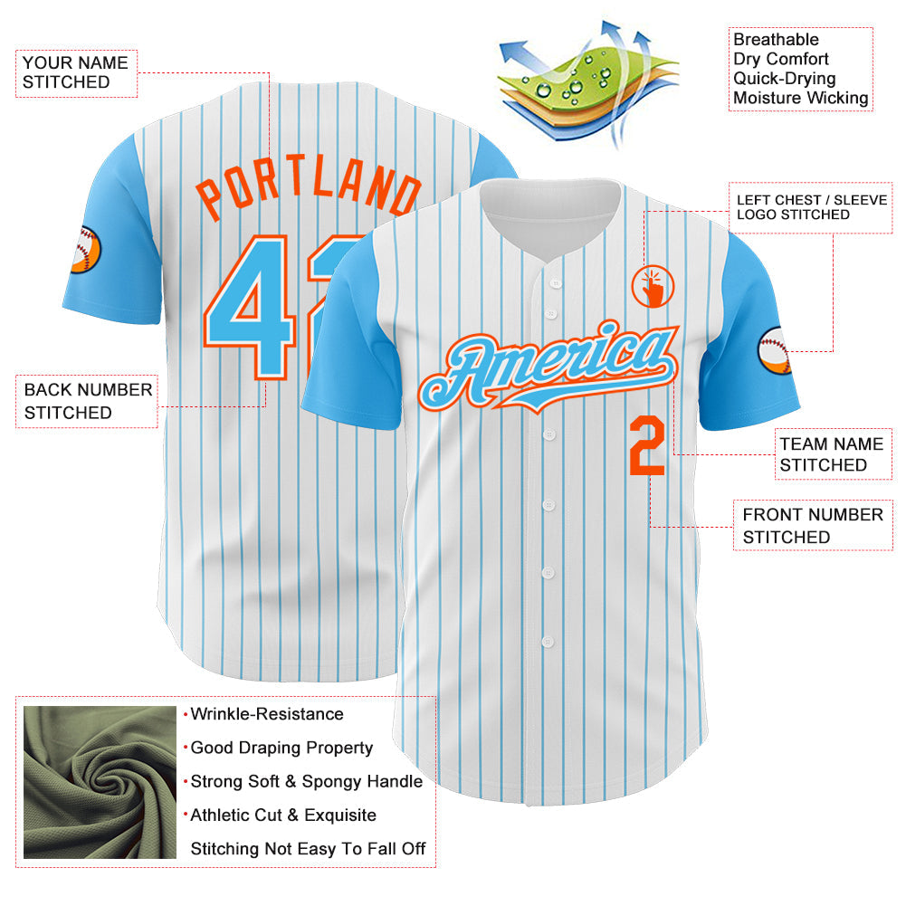 Custom White Sky Blue Pinstripe Orange Authentic Two Tone Baseball Jersey - Sky-Custom