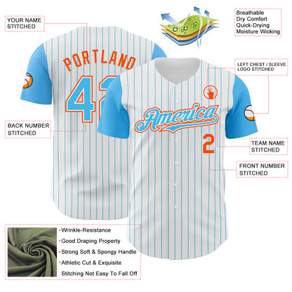 Custom White Sky Blue Pinstripe Orange Authentic Two Tone Baseball Jersey - Sky-Custom