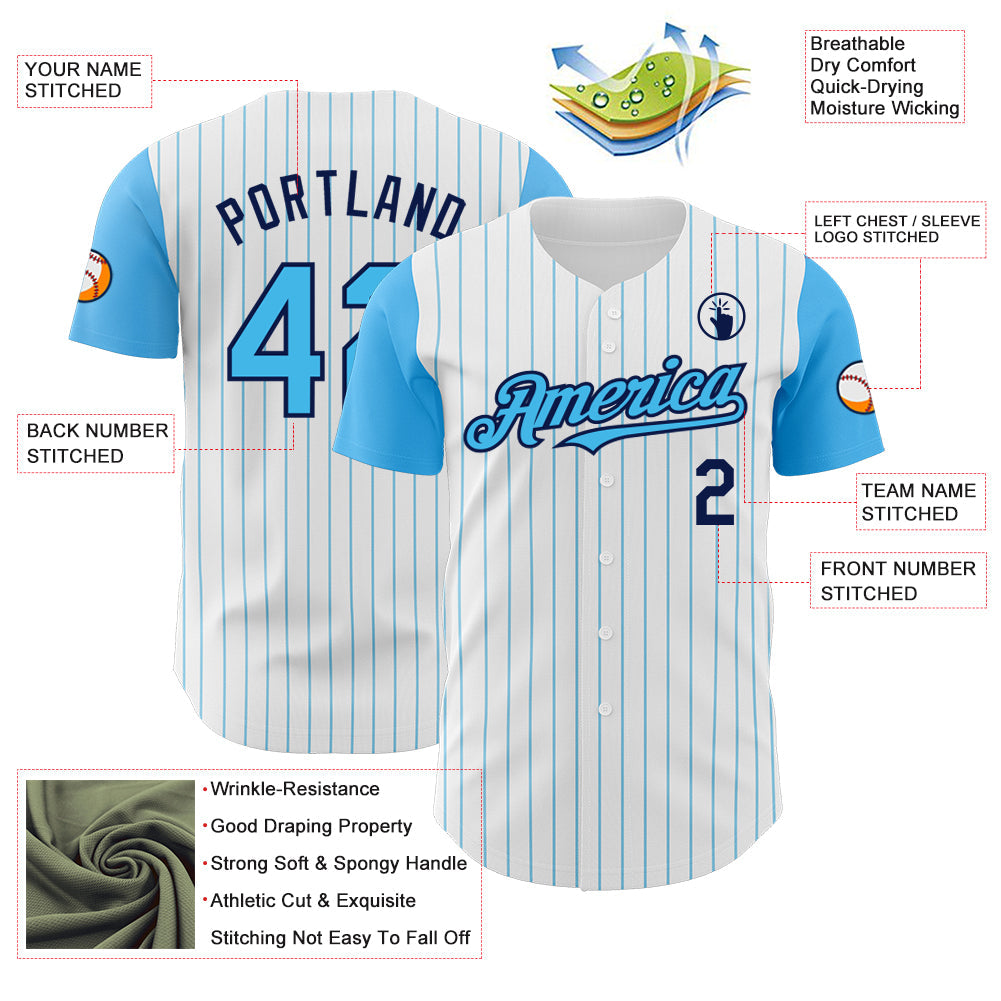 Custom White Sky Blue Pinstripe Navy Authentic Two Tone Baseball Jersey - Sky-Custom