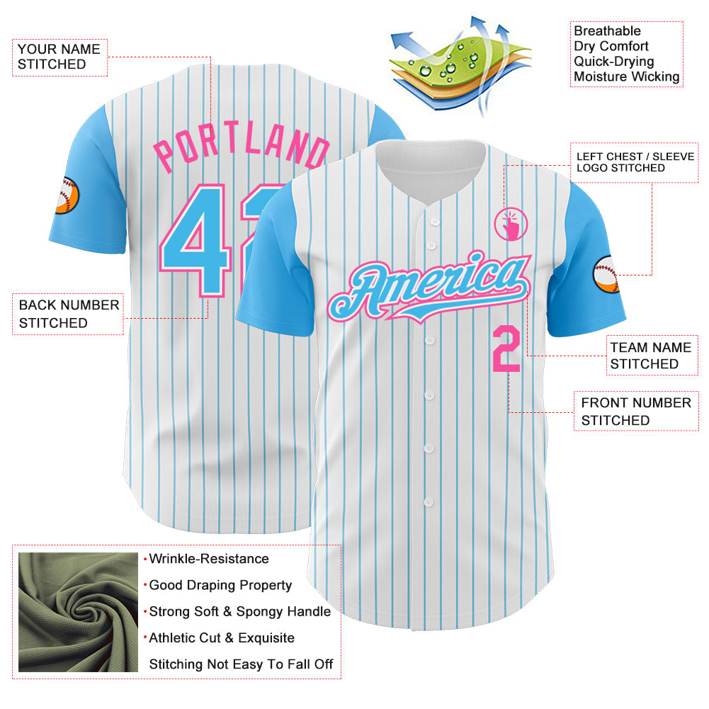 Custom White Sky Blue Pinstripe Pink Authentic Two Tone Baseball Jersey - Sky-Custom