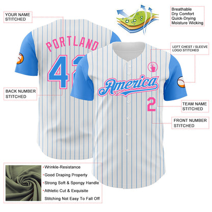 Custom White Electric Blue Pinstripe Pink Authentic Two Tone Baseball Jersey - Sky-Custom