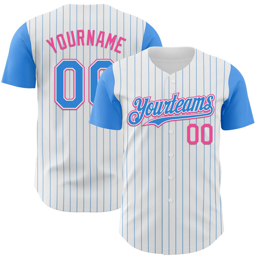 Custom White Electric Blue Pinstripe Pink Authentic Two Tone Baseball Jersey - Sky-Custom