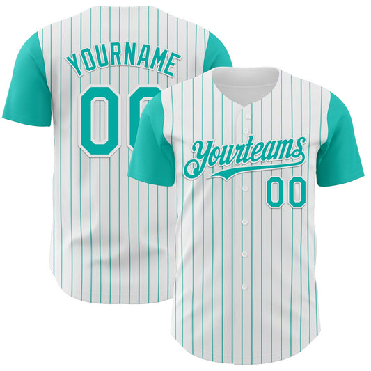 Custom White Aqua Pinstripe Aqua Authentic Two Tone Baseball Jersey - Sky-Custom