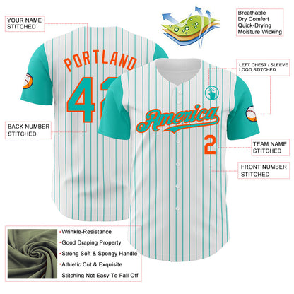 Custom White Aqua Pinstripe Orange Authentic Two Tone Baseball Jersey - Sky-Custom