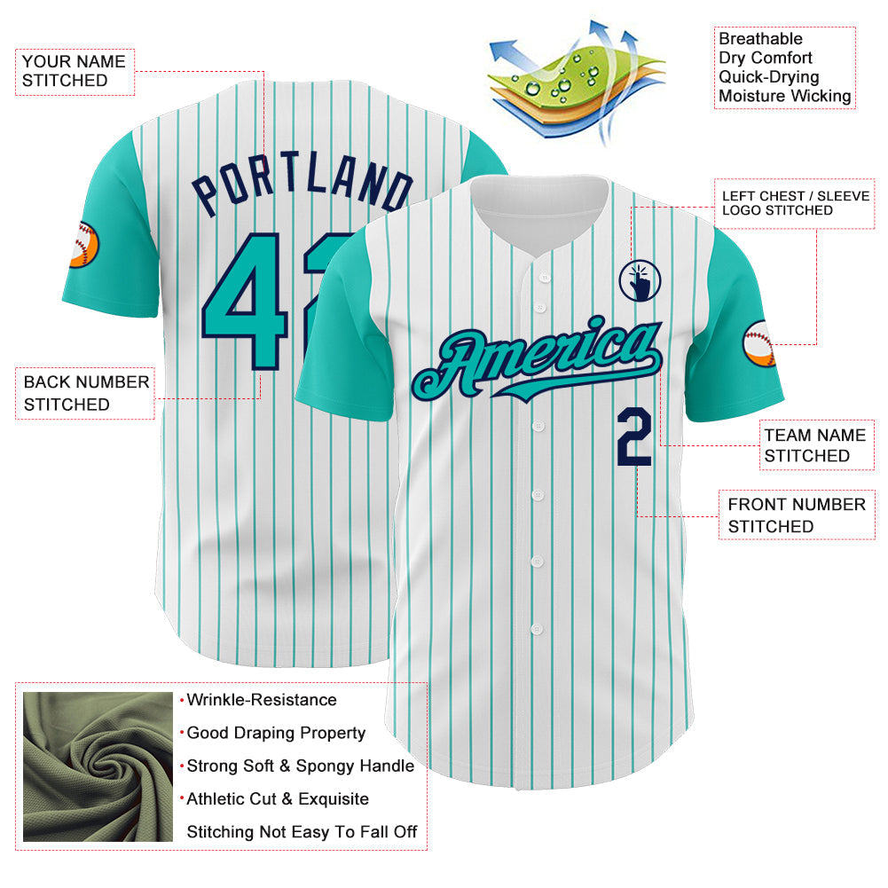 Custom White Aqua Pinstripe Navy Authentic Two Tone Baseball Jersey - Sky-Custom