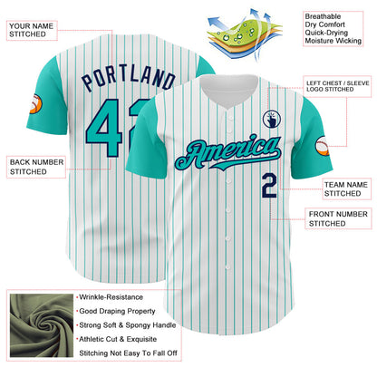 Custom White Aqua Pinstripe Navy Authentic Two Tone Baseball Jersey - Sky-Custom