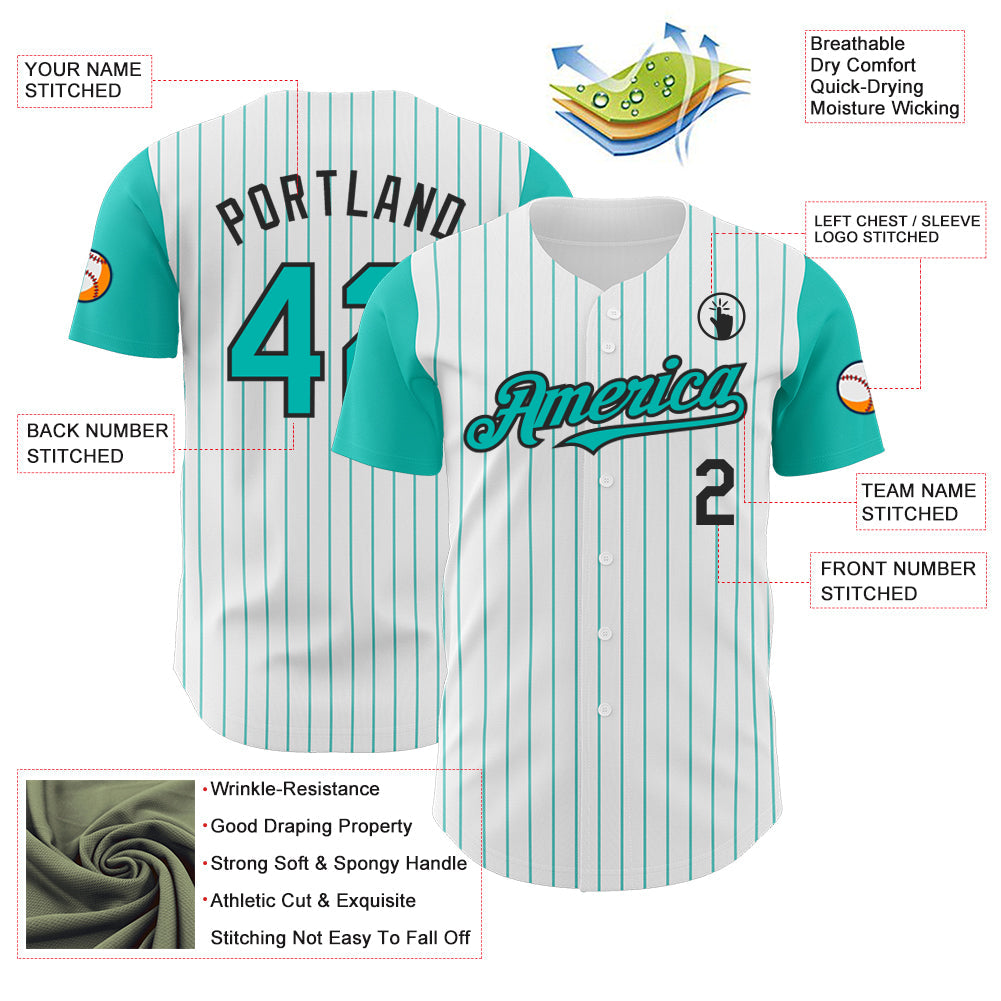 Custom White Aqua Pinstripe Black Authentic Two Tone Baseball Jersey - Sky-Custom