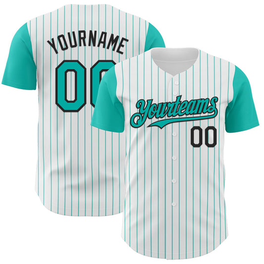 Custom White Aqua Pinstripe Black Authentic Two Tone Baseball Jersey - Sky-Custom