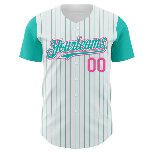 Custom White Aqua Pinstripe Pink Authentic Two Tone Baseball Jersey - Sky-Custom