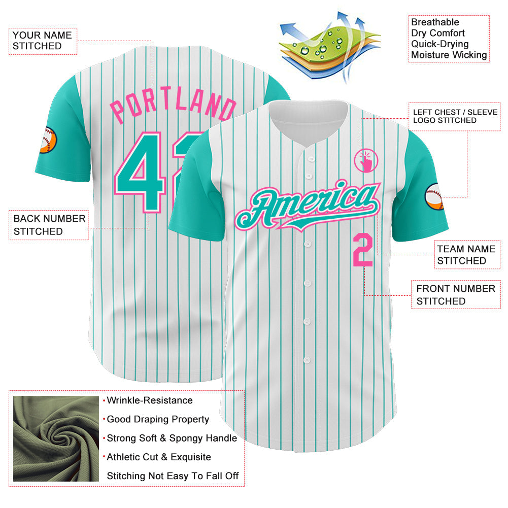 Custom White Aqua Pinstripe Pink Authentic Two Tone Baseball Jersey - Sky-Custom