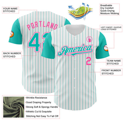 Custom White Aqua Pinstripe Pink Authentic Two Tone Baseball Jersey - Sky-Custom