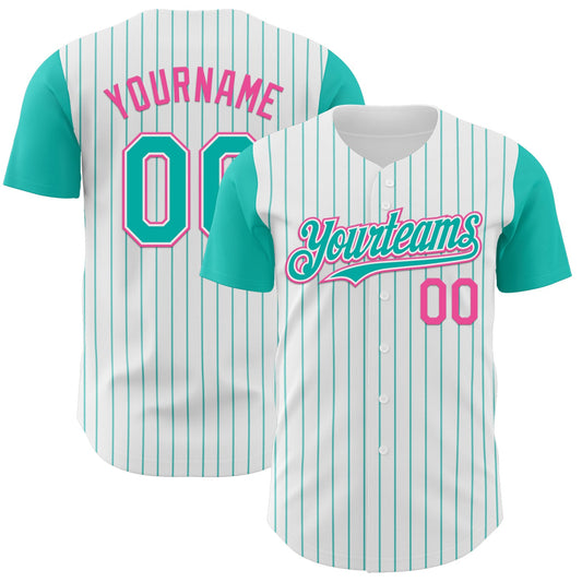 Custom White Aqua Pinstripe Pink Authentic Two Tone Baseball Jersey - Sky-Custom