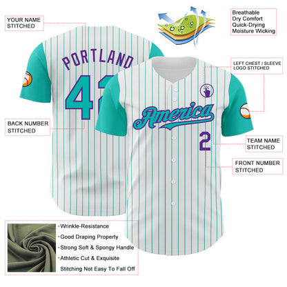 Custom White Aqua Pinstripe Purple Authentic Two Tone Baseball Jersey - Sky-Custom