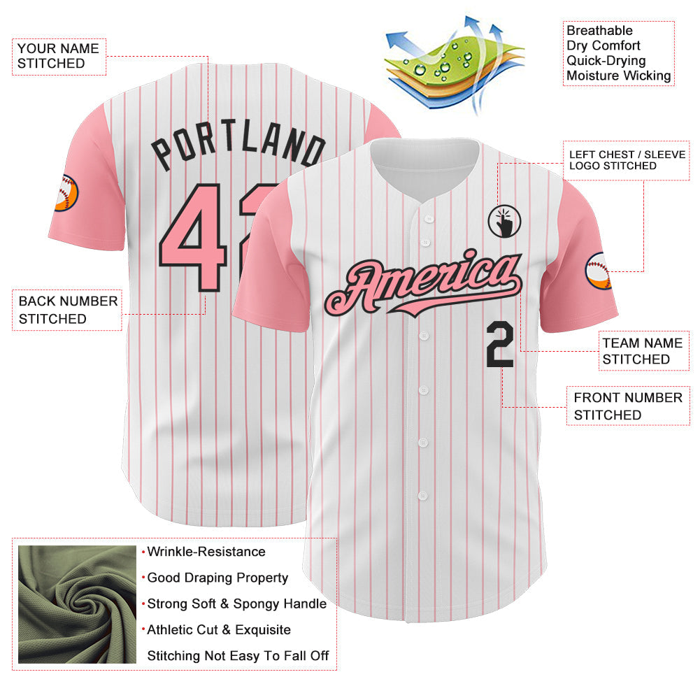 Custom White Medium Pink Pinstripe Black Authentic Two Tone Baseball Jersey - Sky-Custom