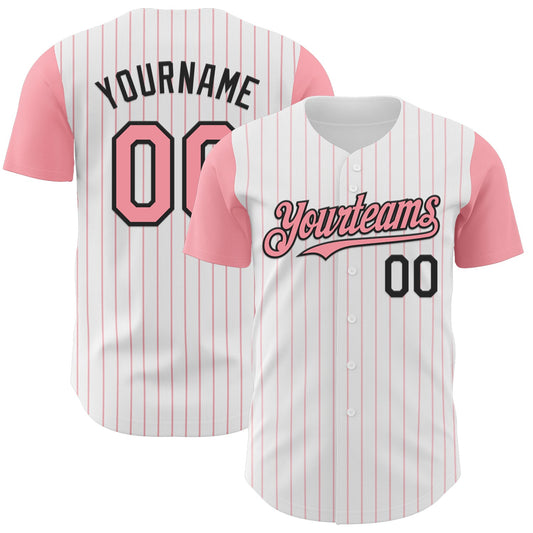 Custom White Medium Pink Pinstripe Black Authentic Two Tone Baseball Jersey - Sky-Custom