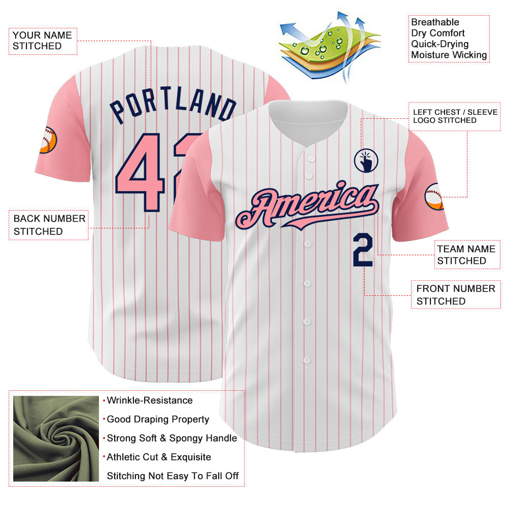 Custom White Medium Pink Pinstripe Navy Authentic Two Tone Baseball Jersey - Sky-Custom