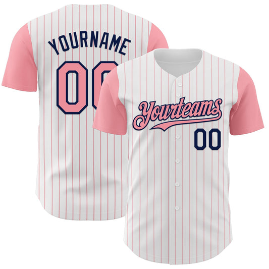 Custom White Medium Pink Pinstripe Navy Authentic Two Tone Baseball Jersey - Sky-Custom
