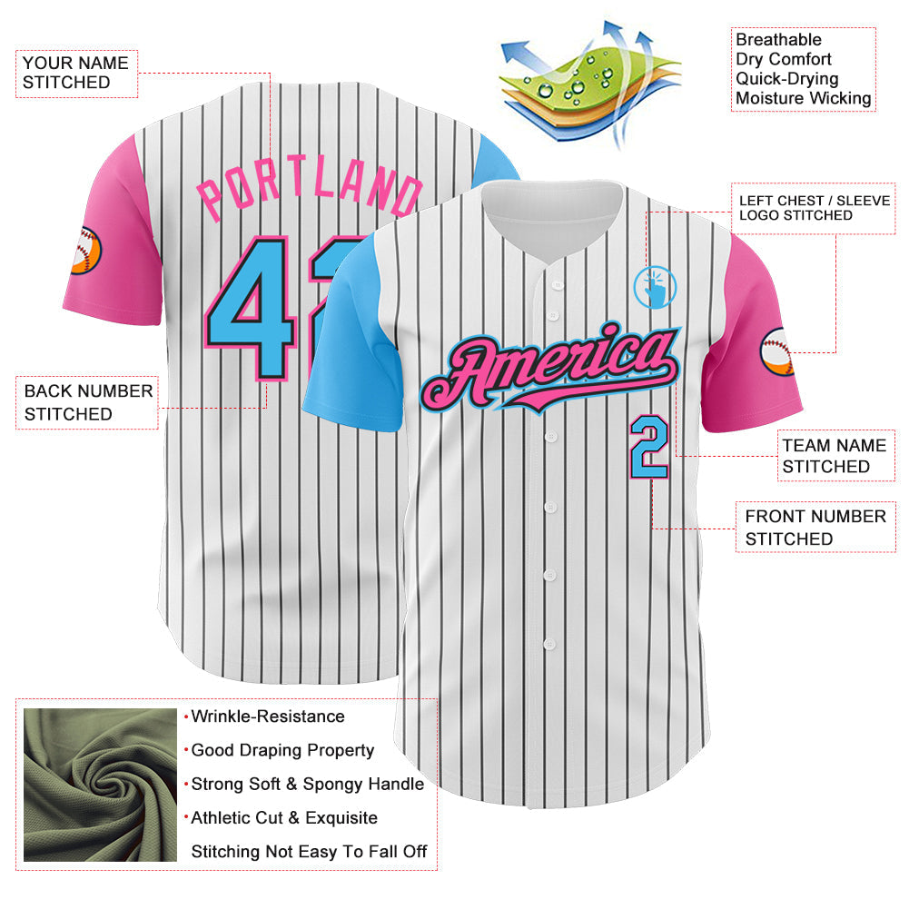 Custom White Black Pinstripe Sky Blue-Pink Authentic Two Tone Baseball Jersey - Sky-Custom