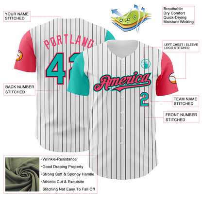 Custom White Black Pinstripe Aqua-Neon Pink Authentic Two Tone Baseball Jersey - Sky-Custom