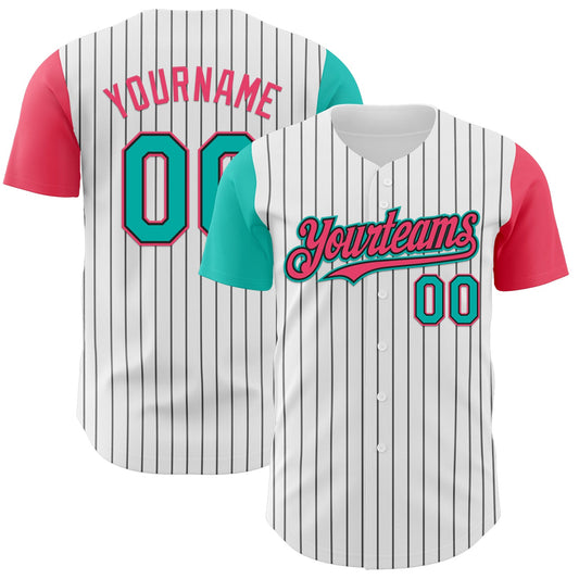 Custom White Black Pinstripe Aqua-Neon Pink Authentic Two Tone Baseball Jersey - Sky-Custom