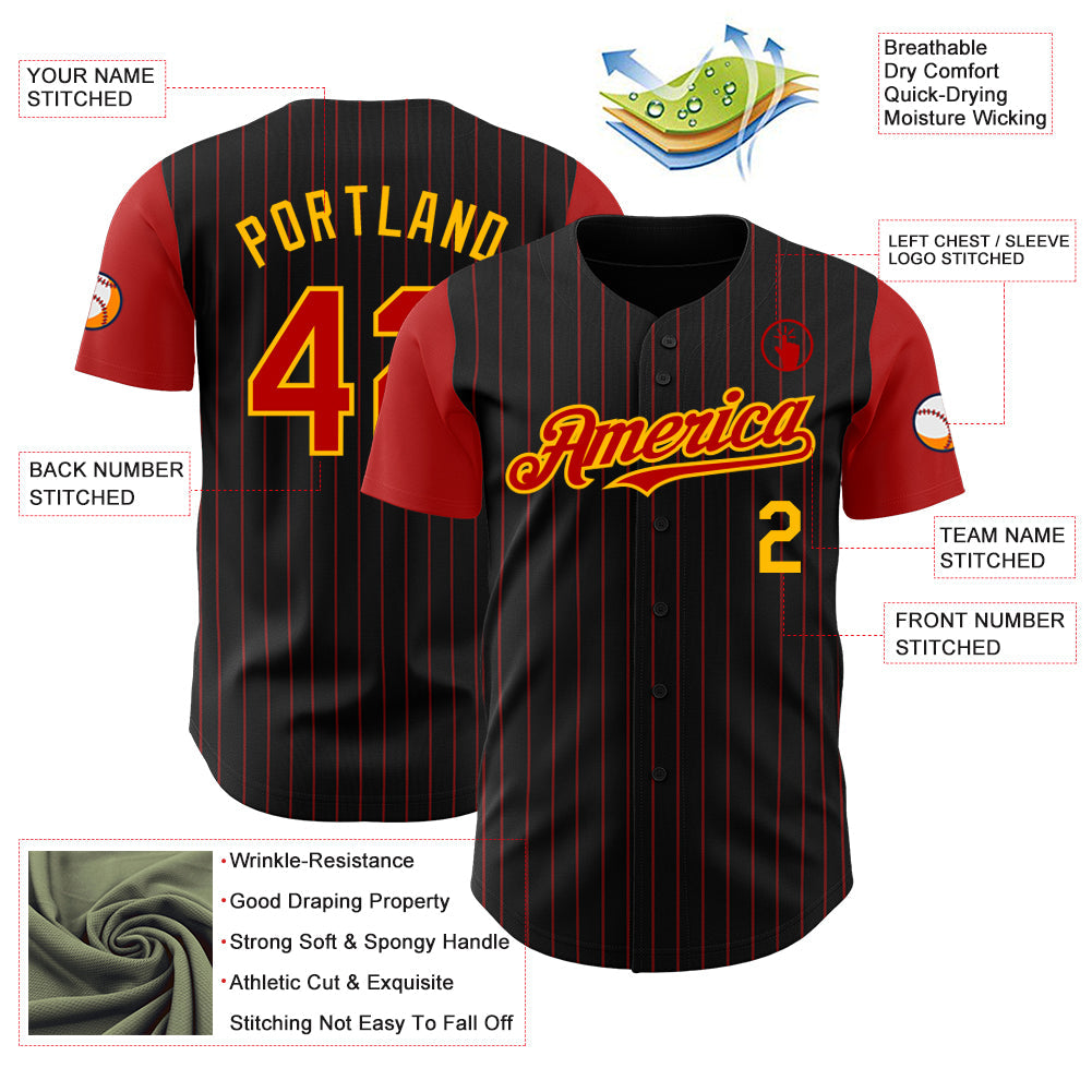 Custom Black Red Pinstripe Gold Authentic Two Tone Baseball Jersey - Sky-Custom