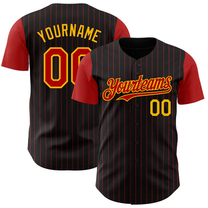 Custom Black Red Pinstripe Gold Authentic Two Tone Baseball Jersey - Sky-Custom
