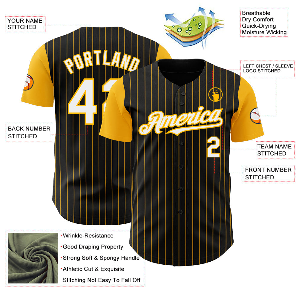 Custom Black Gold Pinstripe White Authentic Two Tone Baseball Jersey - Sky-Custom