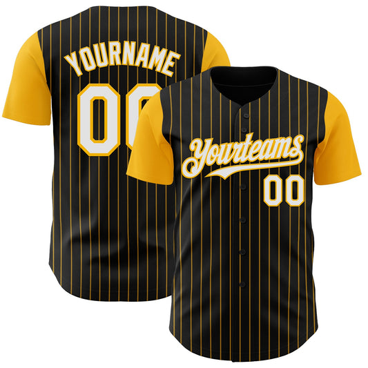 Custom Black Gold Pinstripe White Authentic Two Tone Baseball Jersey - Sky-Custom