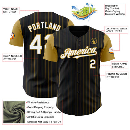 Custom Black Old Gold Pinstripe White Authentic Two Tone Baseball Jersey - Sky-Custom