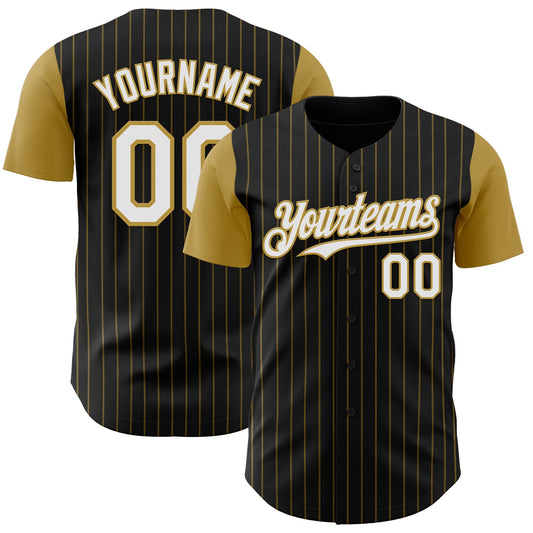 Custom Black Old Gold Pinstripe White Authentic Two Tone Baseball Jersey - Sky-Custom