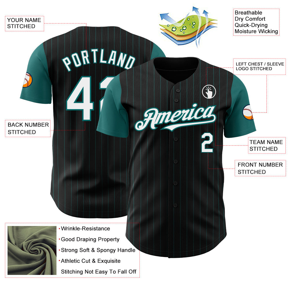 Custom Black Teal Pinstripe White Authentic Two Tone Baseball Jersey - Sky-Custom